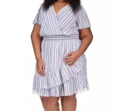 Michael Kors Faux Wrap Dress Size 2X Blue Striped Metallic Ruffle Hem V-Neck - Image 1 of 4