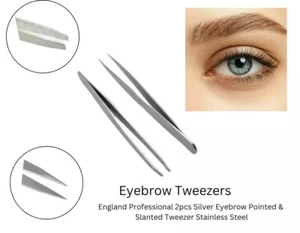 England Professional 2pc Silver Eyebrow Pointed & Slanted Tweezer StainlessSteel - Picture 1 of 6