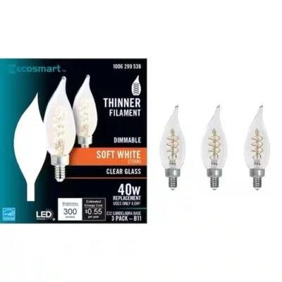 3PK EcoSmart40-Watt Equivalent BA11 Dimmable Candelabra E12 Fine Bendy Filament - Image 1 of 2