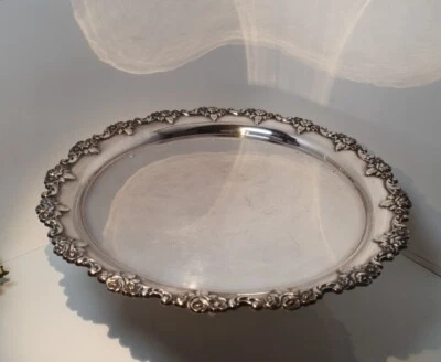 (K35) Servier- Tablett Deko Platte Silber Rund 33cm Rosen Neusilber Gebr. Deyhle - Bild 1 von 4