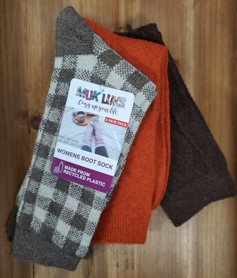 MUK LUKS Boot Socks Women's 3pk Brown Check - Orange - Brown Size 6-11 NEW - Image 1 of 4