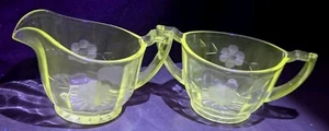 Elegante Glas Zuckerdose & Milchkännchen Kupferscheibe geätzte Blumenblätter (O2) - Bild 1 von 4
