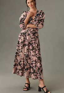 Anthropologie KIVARI V-Ausschnitt Puffärmel Leinenkleid Größe M neu mit Etikett - Bild 1 von 4