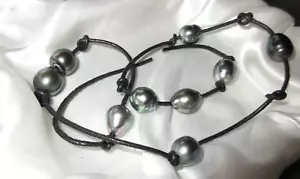 South Sea Tahitian black baroque pearl leather necklace or wrap bracelet - Picture 1 of 6