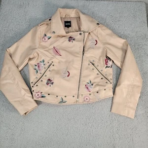 XOXO Faux Leather Floral Moto Jacket, White/Cream Size M - Picture 1 of 8