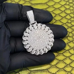 925 Sterling Silver Men's 3Ct Round Cut Real Moissanite Cuban Medallion Pendant - Picture 1 of 3