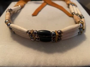 CHOKER NECKLACE HANDMADE BONE & STERLING CALF SKIN LEATHER SANTA FE, NM - Picture 1 of 5