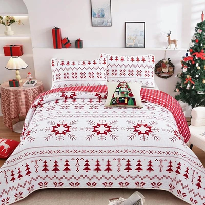 Juego de edredón de Navidad Queen (90"X96") copo de nieve y árbol de Navidad patrón ropa de cama  Foto 1 de 4