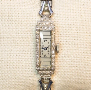 Antique WORKING Ladies LUSINA Platinum & 70 Diamond Watch ART DECO STYLE (DAY) - Picture 1 of 14