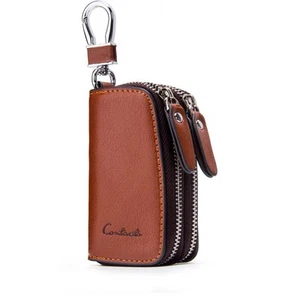 -Genuine Leather Car Key Keychain Holder Metal Hook and Keyring Zipper - Picture 1 of 8