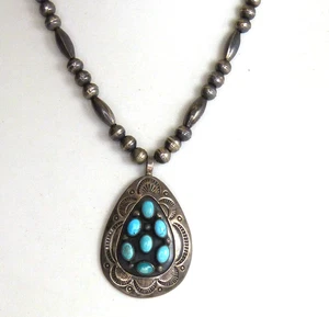 Vintage Navajo Sterling Silver & Large Turquoise Pendant Necklace Signed - Picture 1 of 17