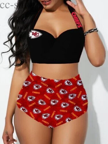 Kansas City Chiefs Womens 2PCS Bikini Set Push Up Swimsuit Beach Halter Swimwear Cover