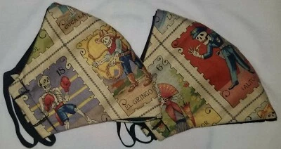2 Beige Skeletal Loteria Print Handmade Face Masks -Cartas Marcadas - Image 1 of 3