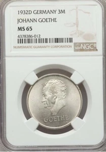 Germany, 1932D , 3 Marks, Goethe, Rare , NGC MS 65, Low Mintage - Picture 1 of 4