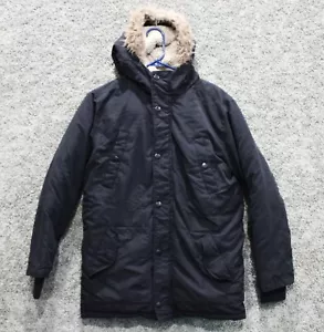 Old Navy Boys XL Hooded Parka Sherpa Lined Faux Fur Zip Snap Black Jacket - Picture 1 of 9