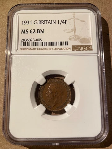 1931 Great Britain 1/4 Penny NGC MS 62 BN - Farthing - Only 10 in Higher Grades! Cover