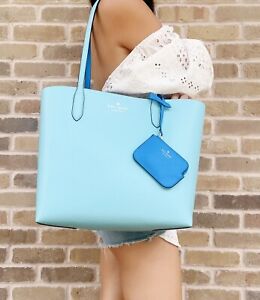Kate Spade Ava Reversible Leather Tote w Zip Pouch Fountain Blue Turquoise