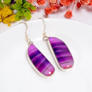Purple Botswana Agate Gemstone Handmade 925 Sterling Silver Earrings 2.1" T809 - Picture 1 of 5