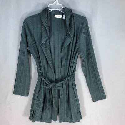 Denim & Co. Active Womens Hooded Cardigan Large Dark Slate Brushed Rib Tie - Image 1 of 4