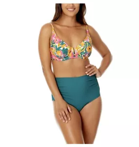 NEW Anne Cole Women Large Swim V-Wire Bikini Top Padded yellow pink Floral UPF - Picture 1 of 14