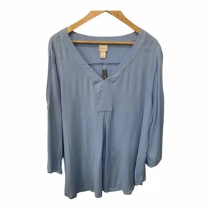 CHICO'S 3 CALM BLUE V- NECK COLD SHOULDER LACE UP LONG SLEEVE BLOUSE NWT - Picture 1 of 8