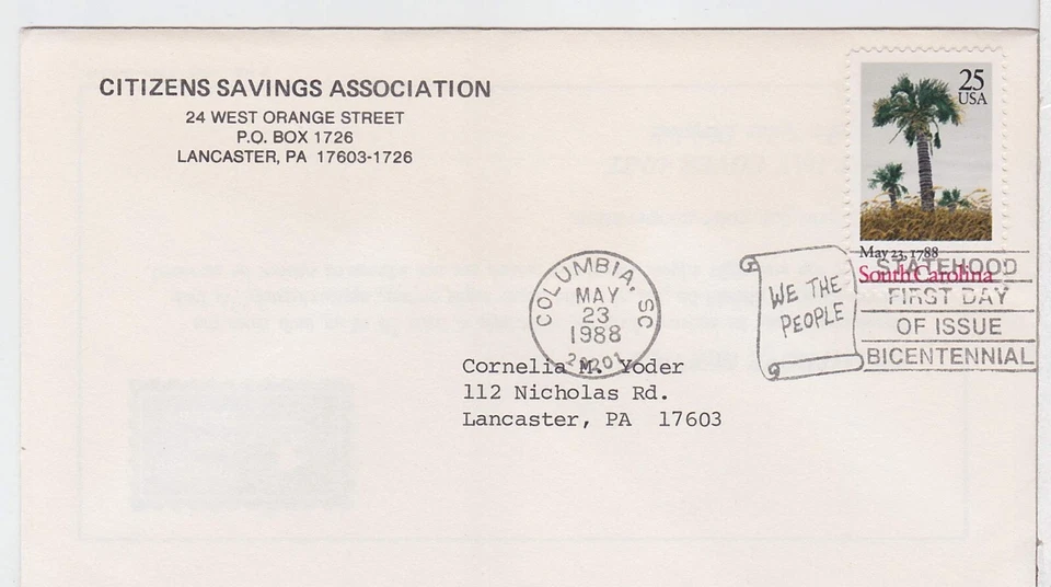 TurtlesTradingPost- South Carolina Statehood 1988 #2343 FDC- Bank Envelope - Image 1 of 1