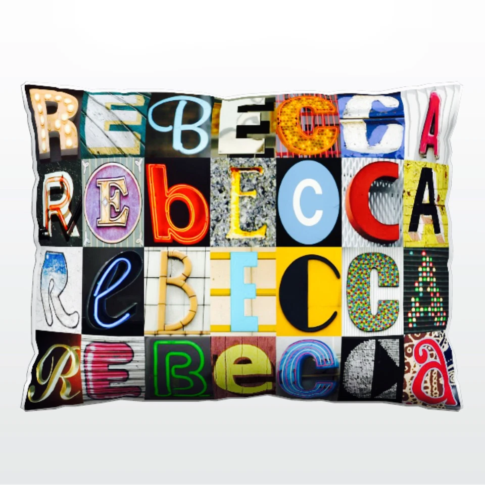 Personalized Pillow featuring the name REBECCA in photos of actual sign letters - Image 1 of 1