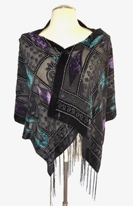 Mantón Rectángulo Geométrico Paisley Burnout Terciopelo Negro Bufanda Flecos 20"x64" Usado en Excelente Condición - Imagen 1 de 2