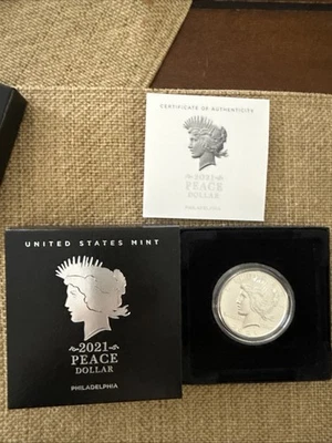 2021 Peace Silver Dollar Philadelphia US Mint $1 OGP Box COA - Image 1 of 4