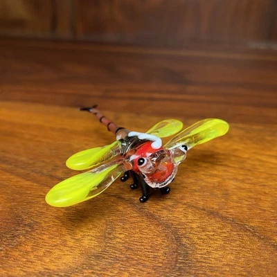 "Estatuilla de libélula de vidrio soplado a mano escultura de insectos amarillo rojo negro 2,5""" Foto 1 de 4