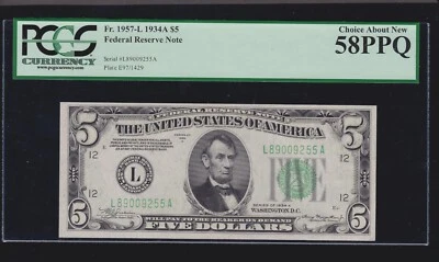 US 1934A $5 FRN San Francisco FR 1957-L PCGS 58 PPQ V Ch AU (255) - Image 1 of 2