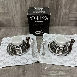 Vintage VEV VIGANO KONTESSA Espresso Cup Set Of 2 Porcelain Stainless Wood NOS - Picture 1 of 23