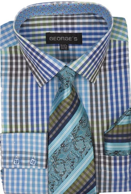 Nueva camisa de vestir de diseño a cuadros para hombre con corbata y pañuelo a juego de George AH-627 Foto 1 de 3