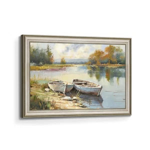 Framed Lake Canvas Wall Art: Hand Painted Landscape Picture Print Painting La... - Picture 1 of 6