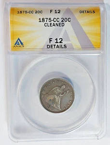 1875-CC Twenty Cent Piece 20C ANACS F12 Details Rare Carson City Coin - Picture 1 of 4