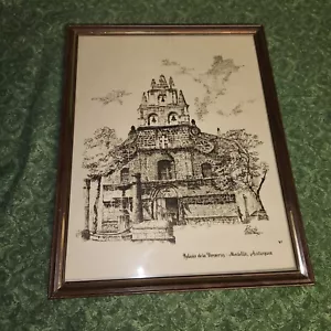 Rene Munoz 1970 Druck Iglesia de la Veracruz Medellin Antioquia gerahmt (YT5) - Bild 1 von 7