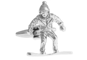Snowboarder Pair Cufflinks Silver Snow Wedding Fancy Gift Box & Polishing Cloth - Picture 1 of 3