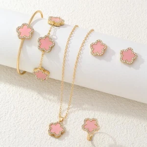 Fashion five 4 leaf clover Necklace Bracelet Ring Earrings Set. Pink - Picture 1 of 3