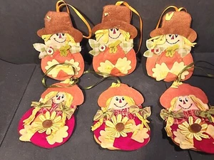 Scarecrow Halloween Fall Fabric Treat Bags Set/6 Ribbon Hanger Pocket for Treats - Picture 1 of 4