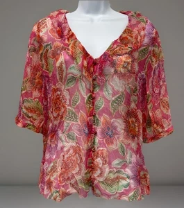 Johnny Was Marcia Silk Sheer Floral Ruffle Top Blouse Cottagecore Boxy Fit (XL) - Picture 1 of 15