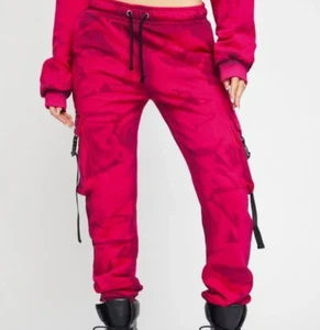 2pc Set Poster Girl Rude Mood Crop Hoodie + Cargo Joggers Women XL Pink Buckle - Foto 1 di 7