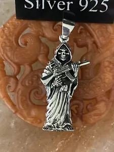 Silver Skull Grim Reaper Armed With Gun Pendant And Silver Chain - Picture 1 of 7