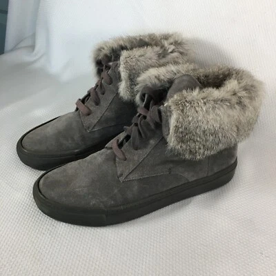 Vince Nyack Gray Suede Rabbit Fur Cuff Trim High Top Leather Boots Women's 9M - Image 1 of 4