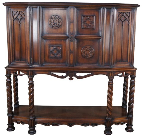 Antique Rockford Gothic Walnut Carved Court Cupboard Hutch Sideboard Bar Cabinet Cover