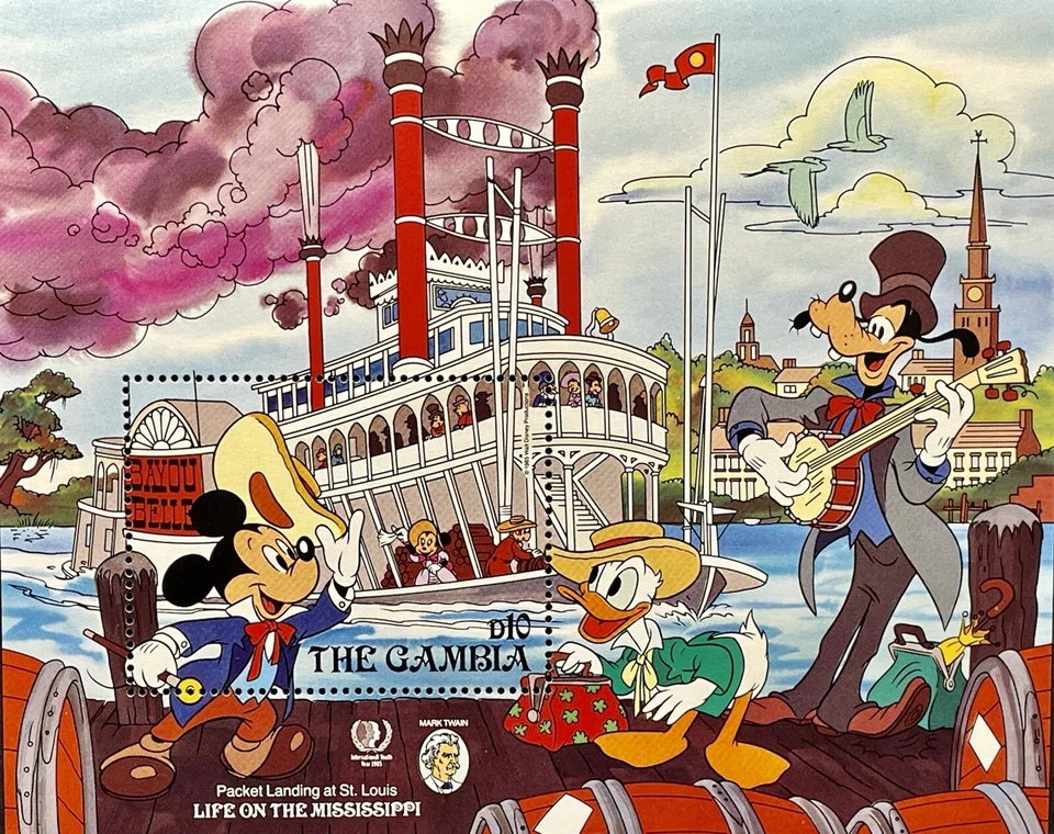 SELOS GÂMBIA MARK TWAIN DISNEY 1985 MNH BARCO FLUVIAL DESEMBARCANDO EM ST LOUIS MICKEY - Imagem 1 de 1
