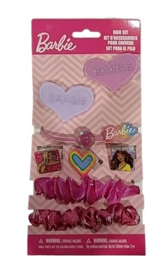 Barbie Hair Accessory Set Pink Girls 8 PC Barettes Hair Clips Hair Ties - Image 1 of 2