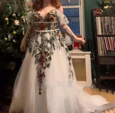 Colorful Floral Embroidered Wedding Dress Flutter Sleeves Lace Up A Line Forest - Image 1 of 4