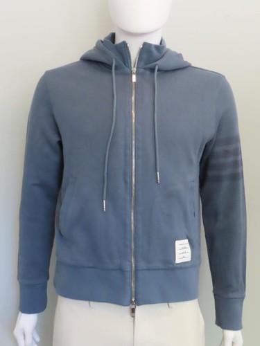 Felpa con cappuccio e zip intera Thom Browne blu grigio loopback 4 bar collo a imbuto 2 M