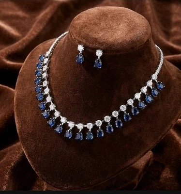 Juego de joyas de oro blanco de 18k zafiro azul lágrimas llorosas Swarovski creado en laboratorio  Foto 1 de 3