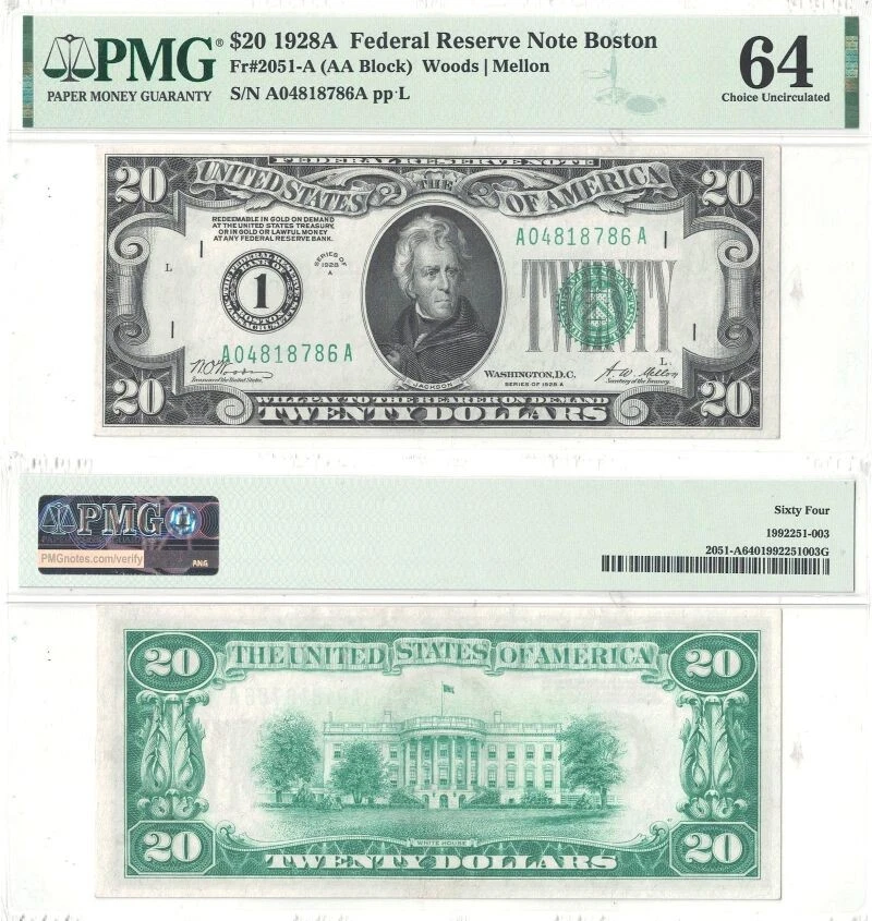 1928-A $20 Federal Reserve Note Fr-2051-A PMG Choice CU-64 - Image 1 of 1